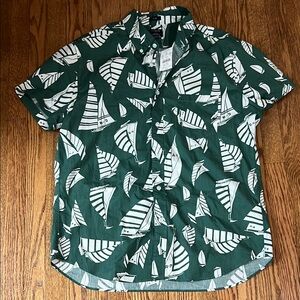 J. Crew Green and White Casual Button Down Shirt with Tropical Leaf Design